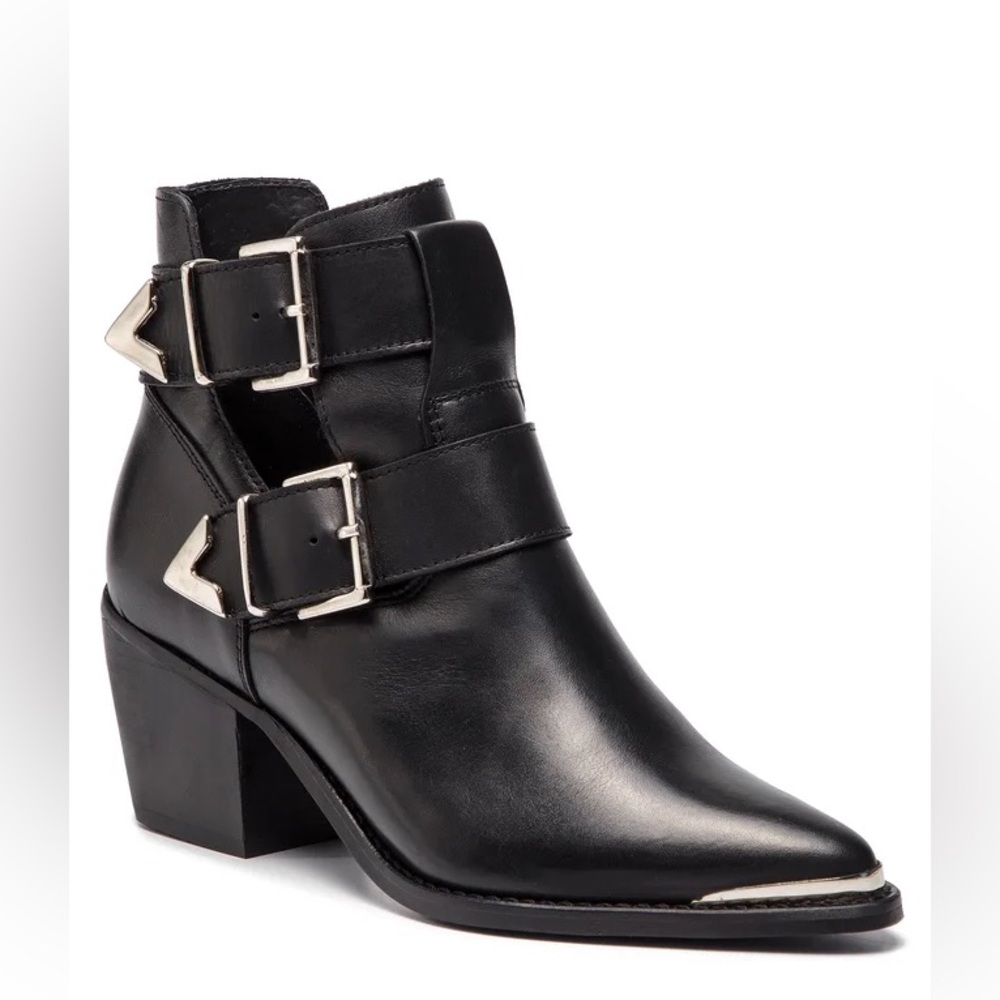 Genuine Black Leather Ankle Boots with Silver Buckle and tips size 8